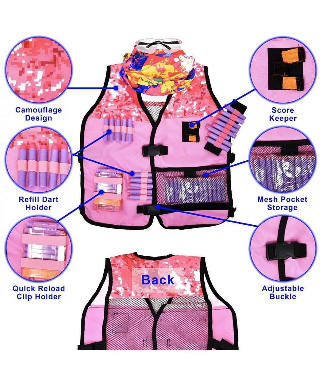 2021 Pink Adjustable Elite Kids Tactical Vest Kit for Nerf Gun Series Equipped Soft Bullet Toy Gun Game Vest for Kids Girls Boys