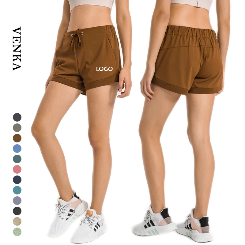 High Quality Solid ColorDouble Side Sanding Drawstring Quick Dry Two Pockets Women Running Yoga Shorts