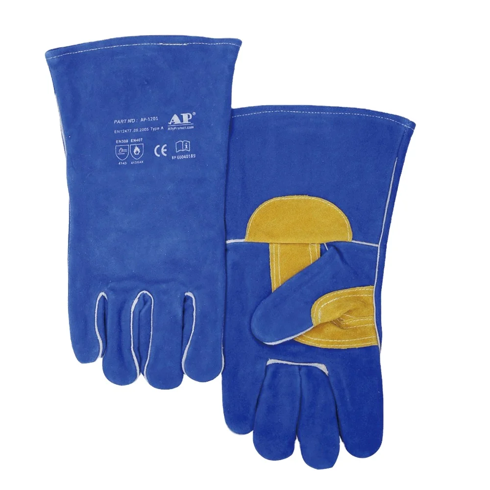 
AP-1201 Blue split cowhide leather Mitts Oven Grill Fireplace Pot Holder MIG Welder heavy duty Welding Gloves 