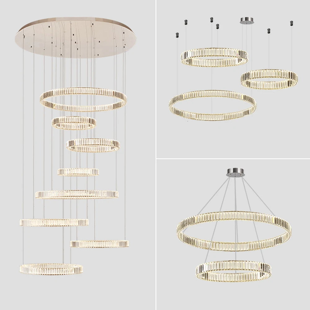 Kasanto Lighting K9 crystal modern large lobby crystal chandelier stairs lights ring circle led chandelier 6 lights rings