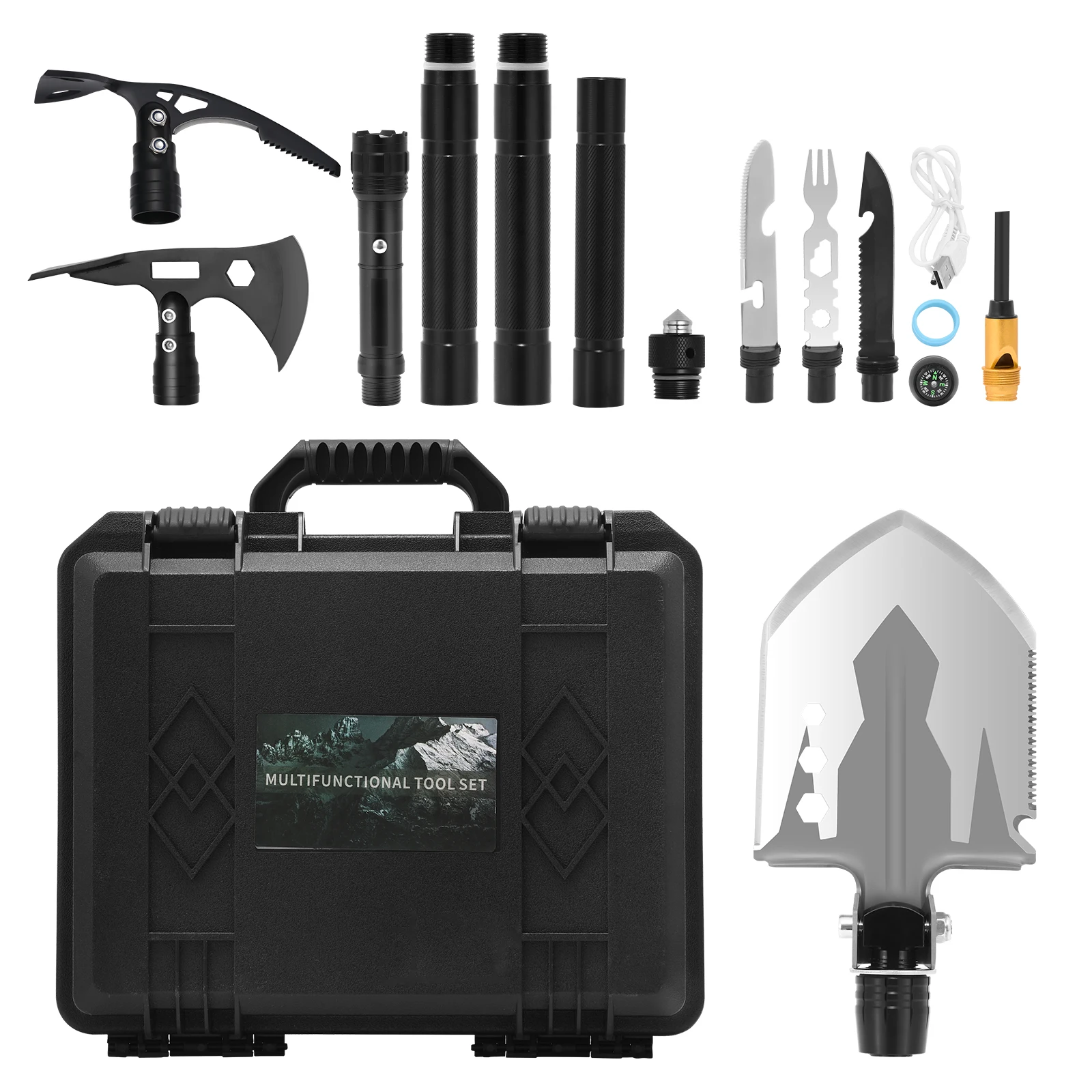 Axe Tactical Pen Survival Camping Shovel with LED Light Multitools for Emergency Military Hiking Tactical Tool Gear Equipment