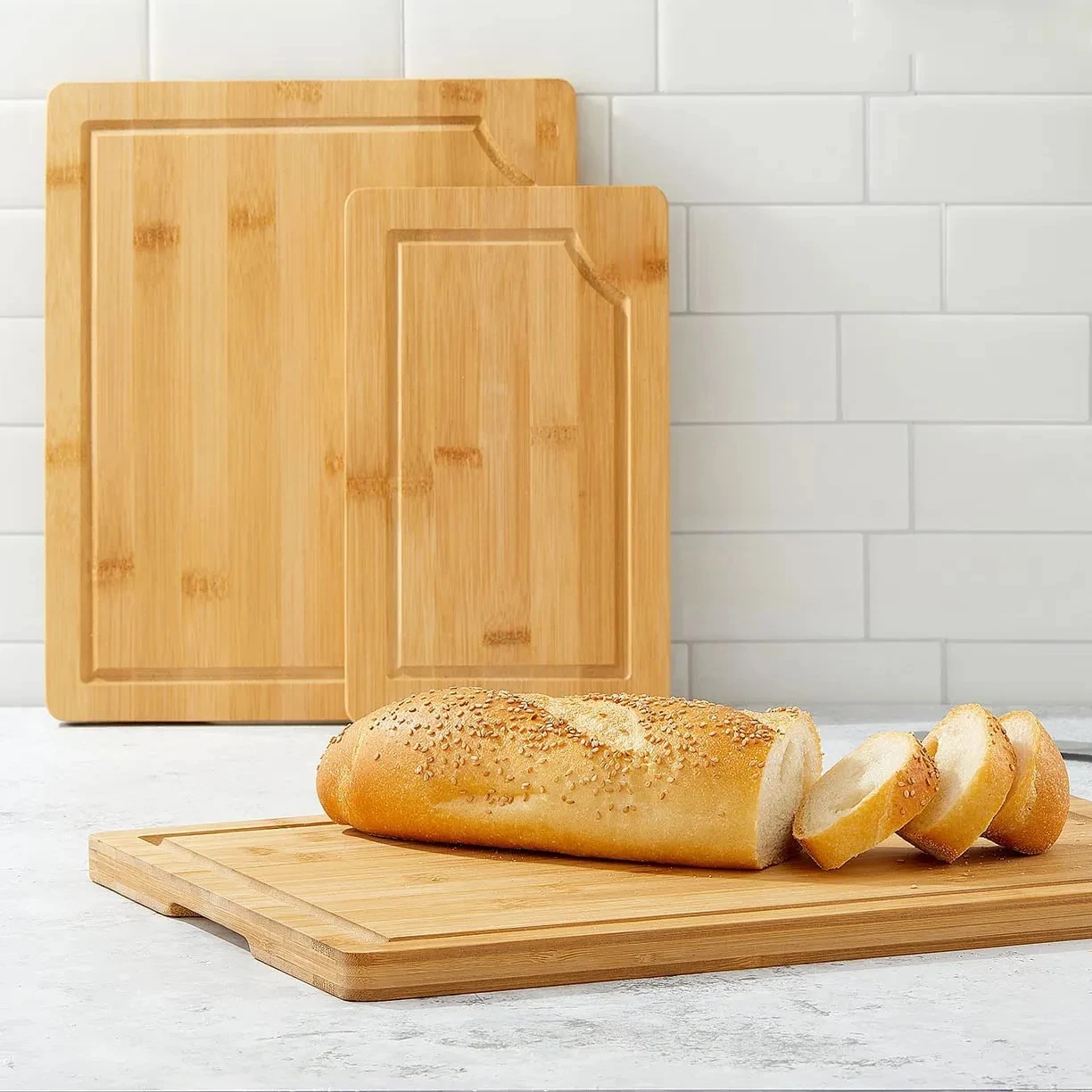 Высококачественный набор из 3 многоразмерных бамбуковых разделочной доски с канавкой для сока