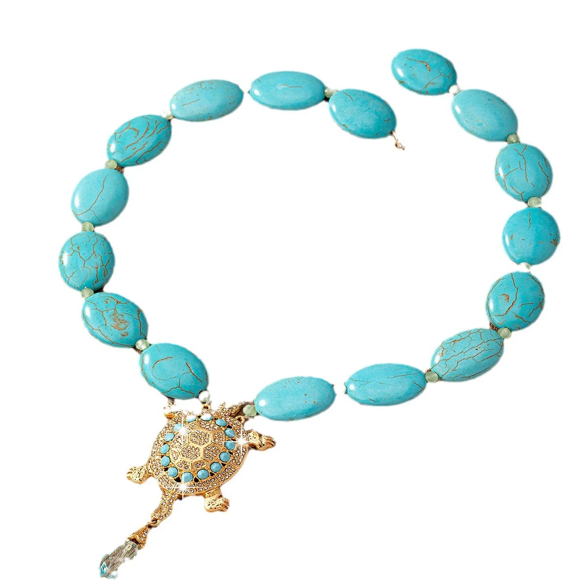 Wholesale European American Retro Vintage Luxury Daily Wear Sweater Heavy Engraved Anchor Turtle Turquoise Chain necklace