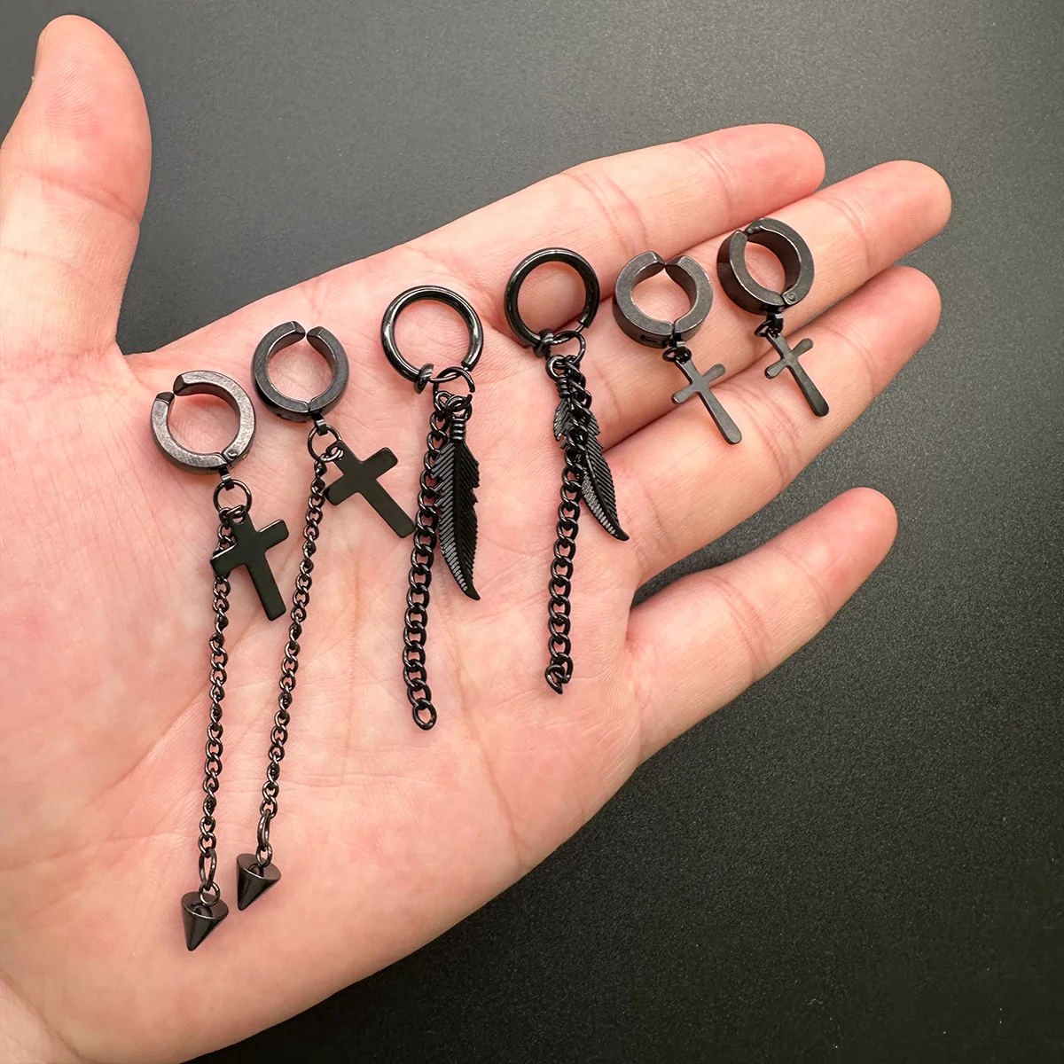 Black Punk Non-Piercing Earring Men Clip on Magnet Stud Earrings Stainless Steel CZ Hoop Cross Feather Earring