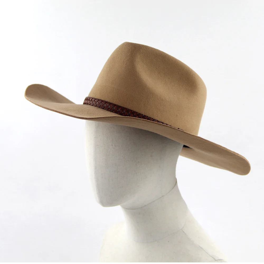 LiHua Wholesale Unisex 100% Wool Felt Large Brim Cowboy Hat Men Customized Leather Cowboy Hats