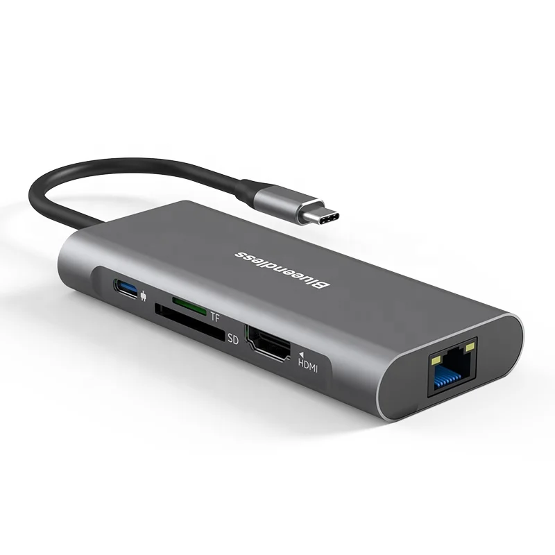 hsb 8 in 1 USB C Adapter with 4K output 100W PD type C Port USB 3.0 RJ45 Ethernet SD/TF Card Reader