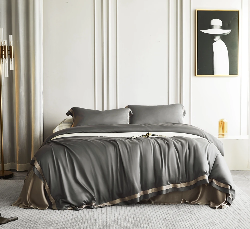 Hot Selling Luxury Organic 100% Bedsheet Tencel Lyocell Fiber Bedsheet Grey Pink Duvet Cover Bedding Set