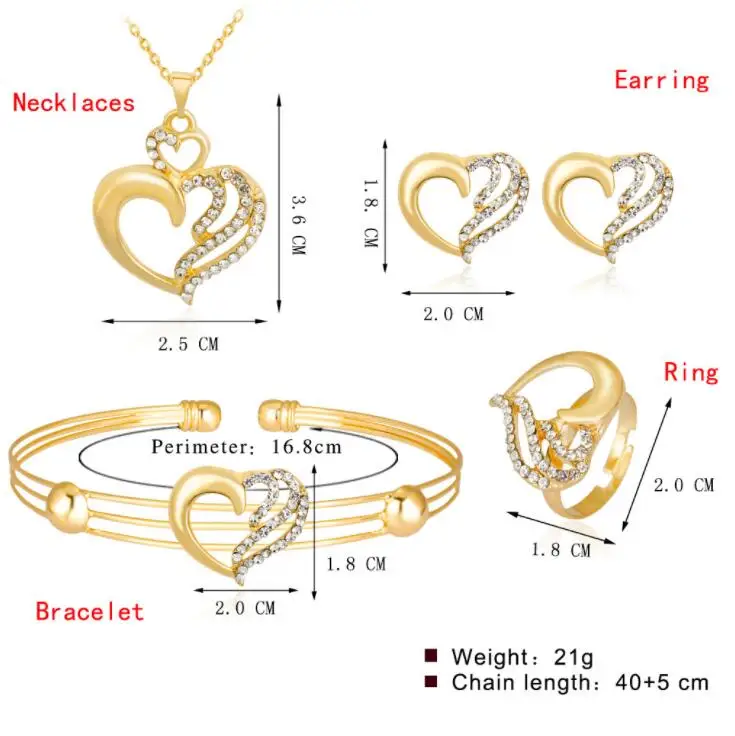Fashion Austrian Crystal Love Heart Jewelry Sets for Women Necklace Earrings Bangle Ring Bridal Wedding Sets