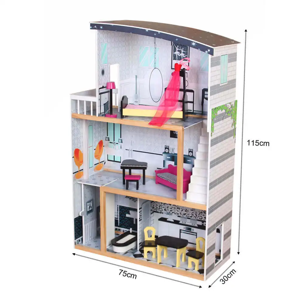 Cheap price wooden dream house with furniture included wholesale kids pretend play doll house furniture 1:12 scale