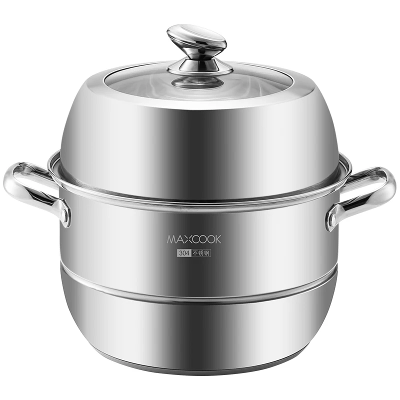 Maxcook Kitchen 34 cm Food Steam Pot Set Double Layers Food Grade Stainless Steel  Steamer with Glass Lid Silver Metal MCZ7140