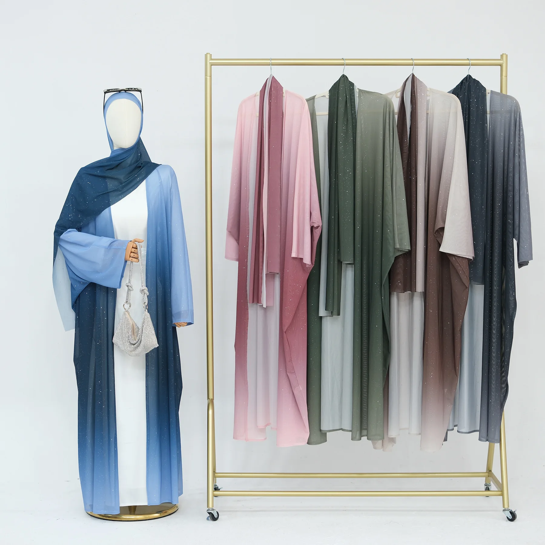 2025 Open abaya kimono Muslim Dubai Abaya maxi Dresses Women Islamic Clothing Gradient Color 2pcs Women Abaya with Hijab