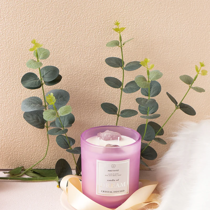 Handmade custom wood wick soy wax luxury aroma scented candles with crystals inside