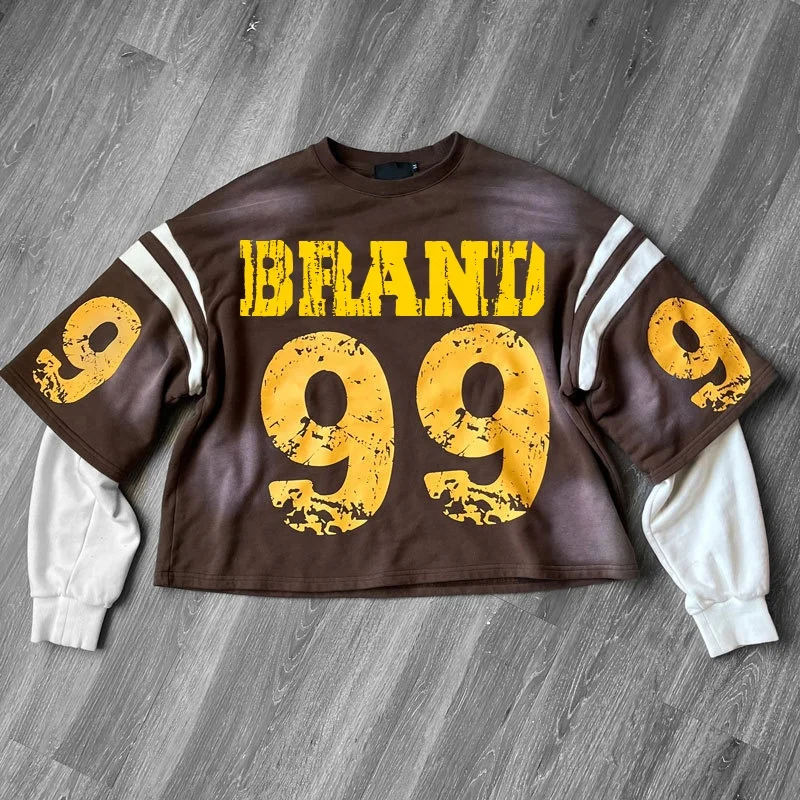 Custom Streetwear Logo Vintage Wash Double Layer Screen Print Long Sleeve Cropped Sun Faded Oversize double layered crop t shirt