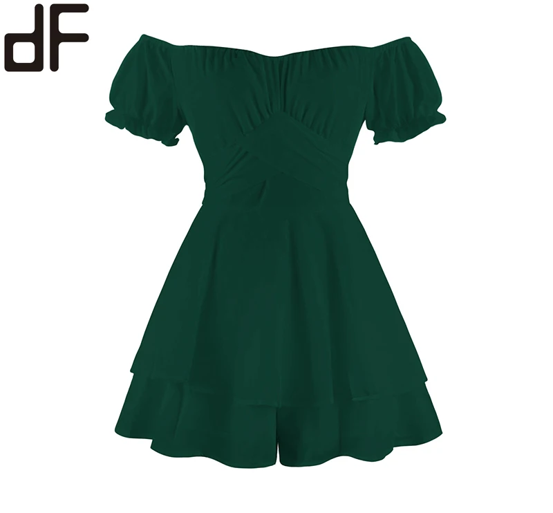 Wholesale Hidden Zip Mini Dress Pants Green Women Bodysuit One Piece Fitness Jumpsuit Puff Short Sleeve Women Summer Jumpsuits