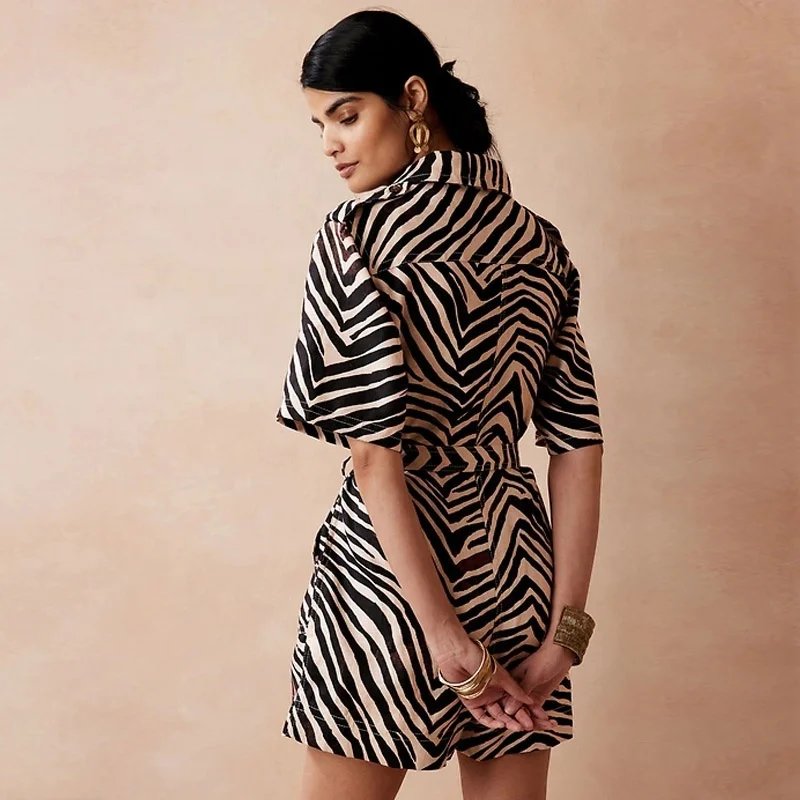 Summer women short sleeve removable belt large pockets straight leg Loose Zebra print linen short jumpsuit set