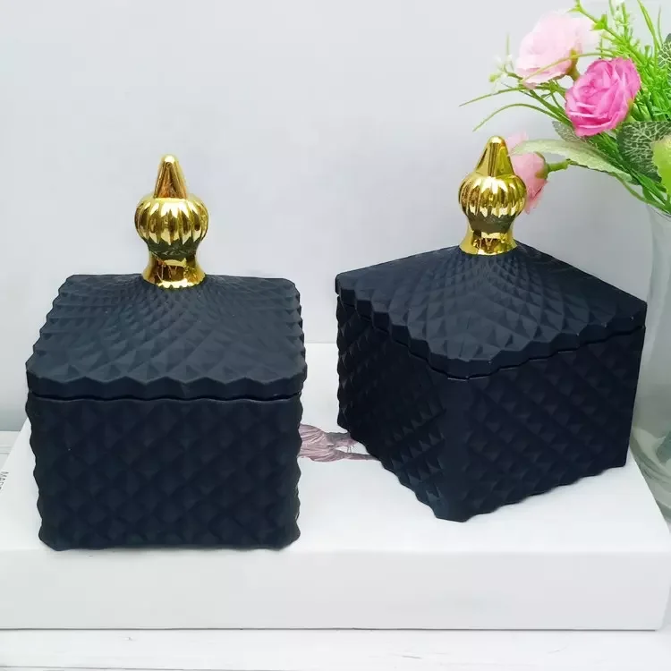 BESTSUN wholesale 8oz  black empty square Geo cut candle vessels with glass lid cube embossed glass candle jar for candle making