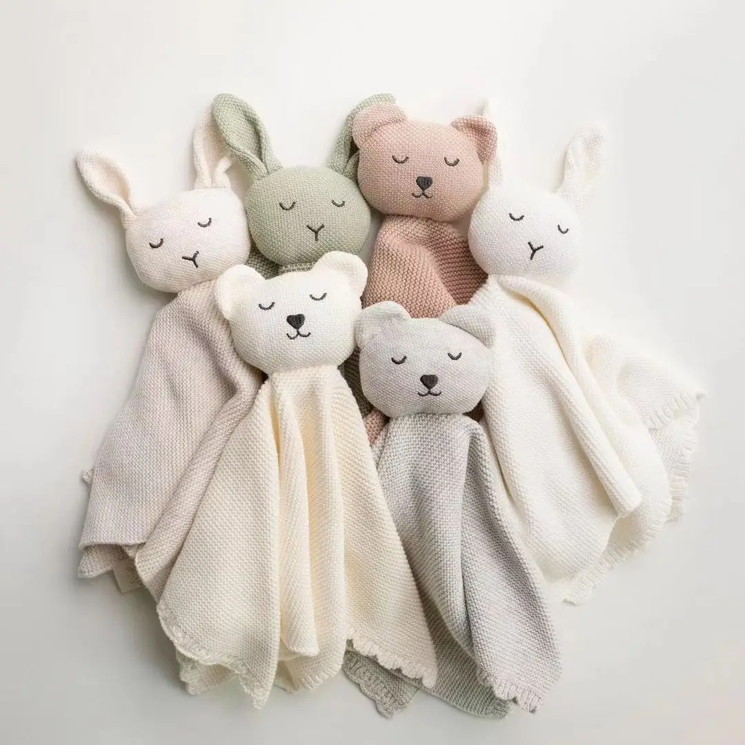 Ins hot sale soft 100% organic cotton bunny bear animal knitted baby comforter security blanket for newborn