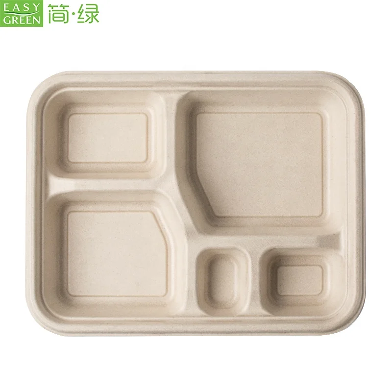 EASY GREEN Eco-Friendly 100% Compostable Sugarcane Fiber Disposable 5-Compartment Tray