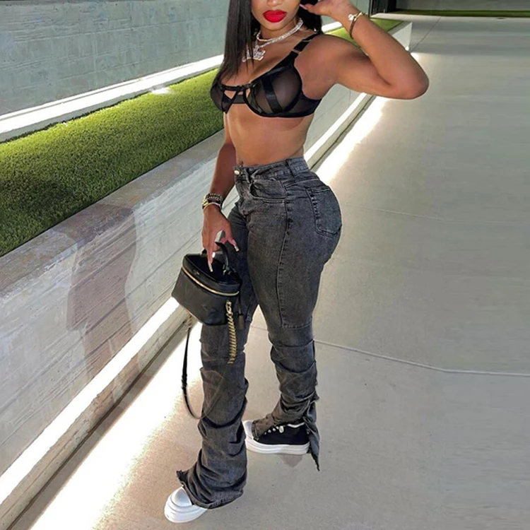 Women Clothes Ruched High Waist Jeans Denim Split Bottom Slim Fit Pants Stacked Jeans