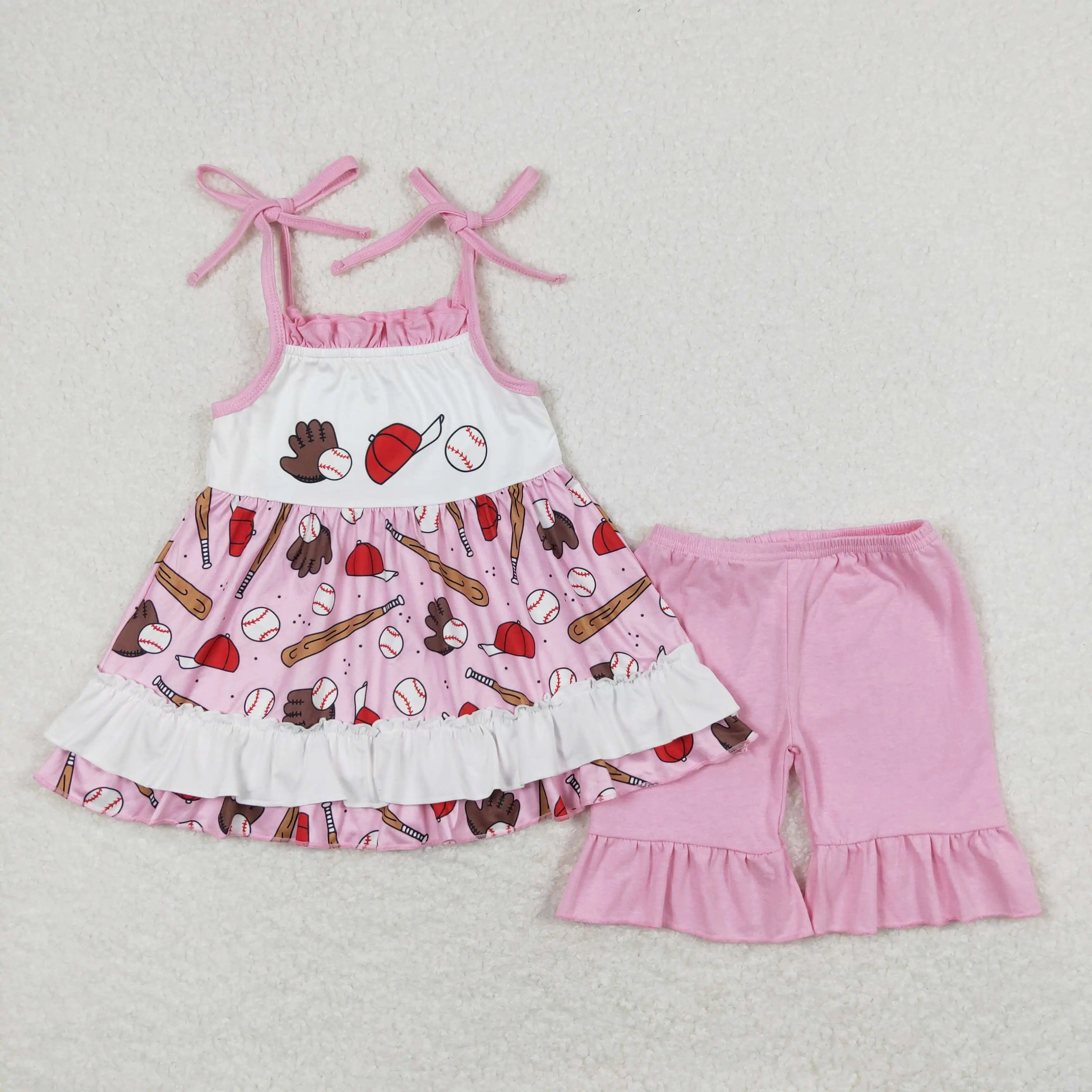 GSSO0794 Children Toddler Clothes Sleeveless Top With Shorts Set Kids Girls Summer Outfits
