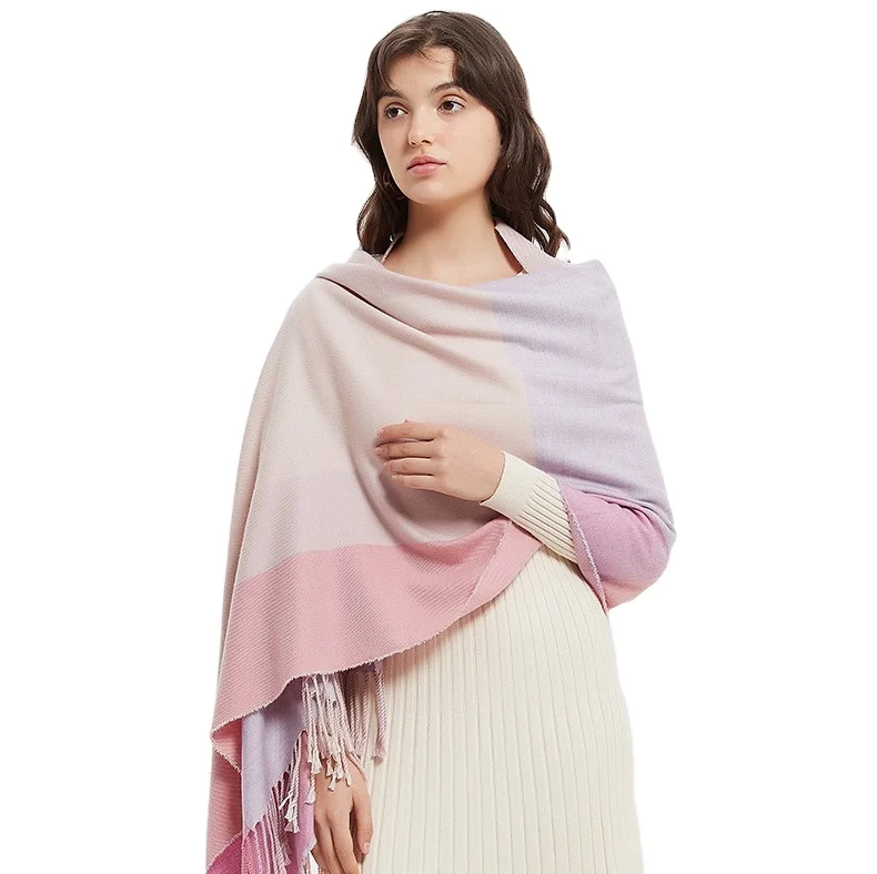 Custom logo 200*70cm 2022 Winter Spring Grid Shawls Pashmina Polyester Cashmere Scarf with Tassel