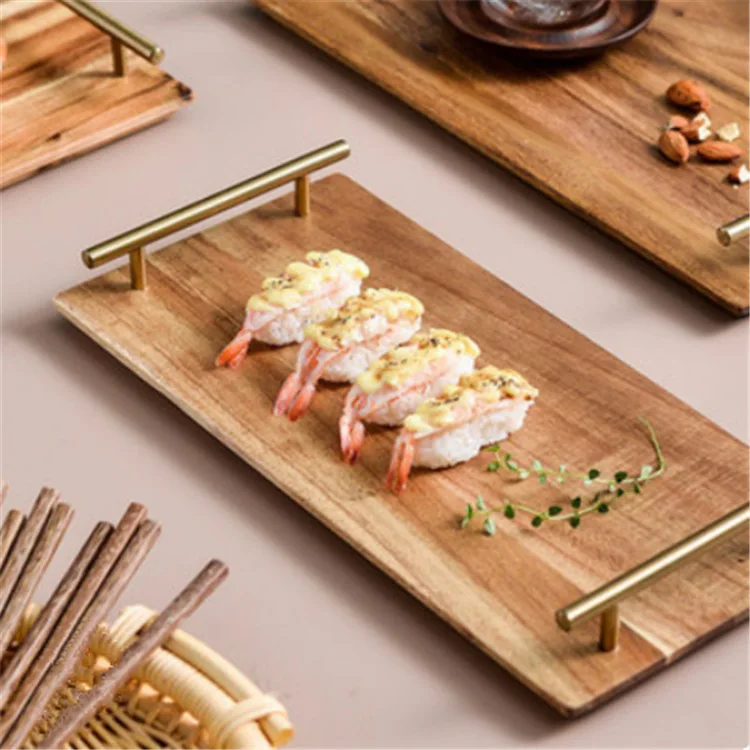Factory Suppliers Nordic wooden tray creative rectangular acacia Wooden Serving Tray with metal handles