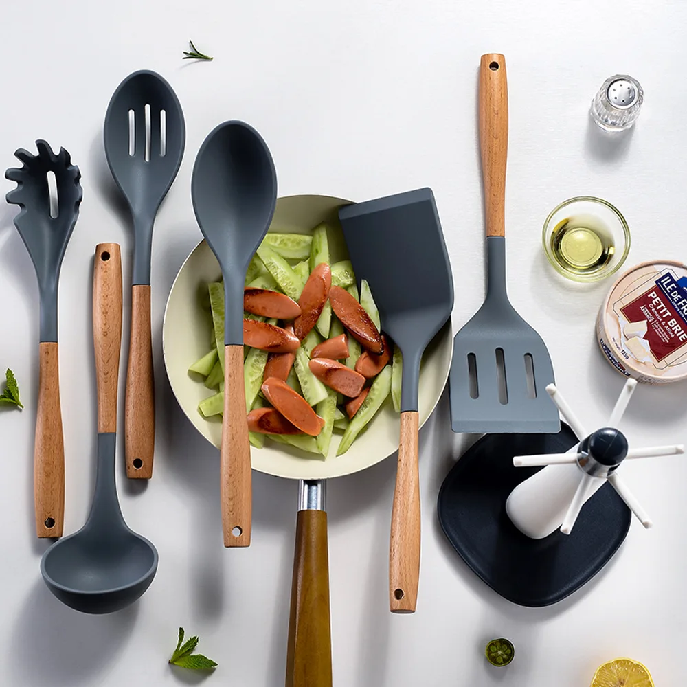 Hot Sale Silicone Kitchen Accessories Cooking Tools custom Kitchen Spatula Utensils Sets with holder