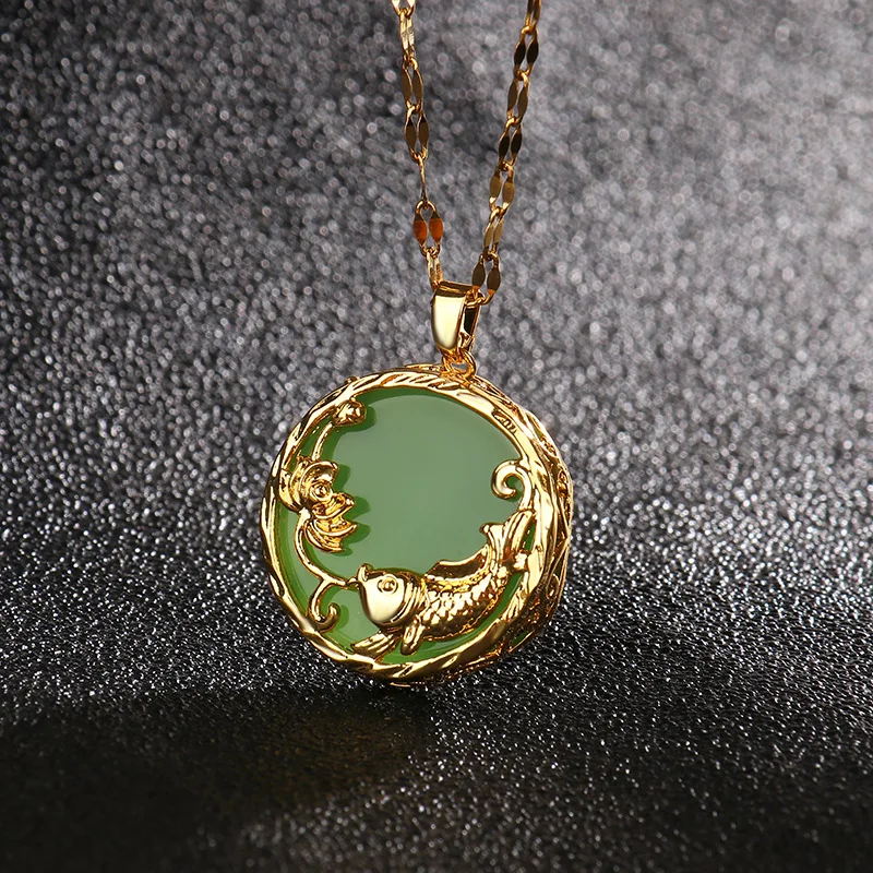 NUORO Fashion 18K Gold Plated Stainless Steel Chain Necklace Chinese Style Jewelry Round Green White Gemstone Jade Necklace