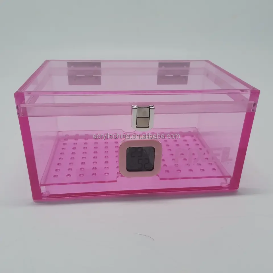 customized storage acrylic trunk with gold metal acrylic cigar box with Humidity detector lucite case