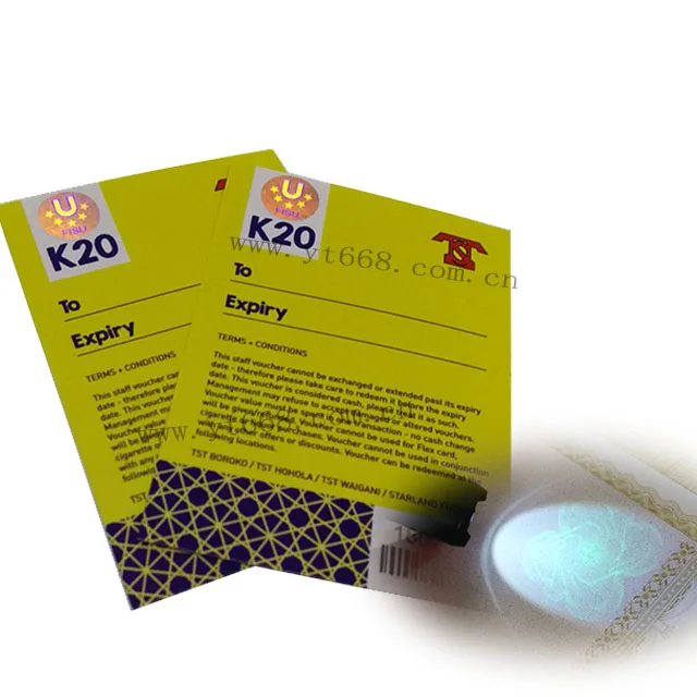 Защита от подделок uv реагируют бумага с водяными знаками безопасности Бумажное Волокно ваучер подарочный купон билет на