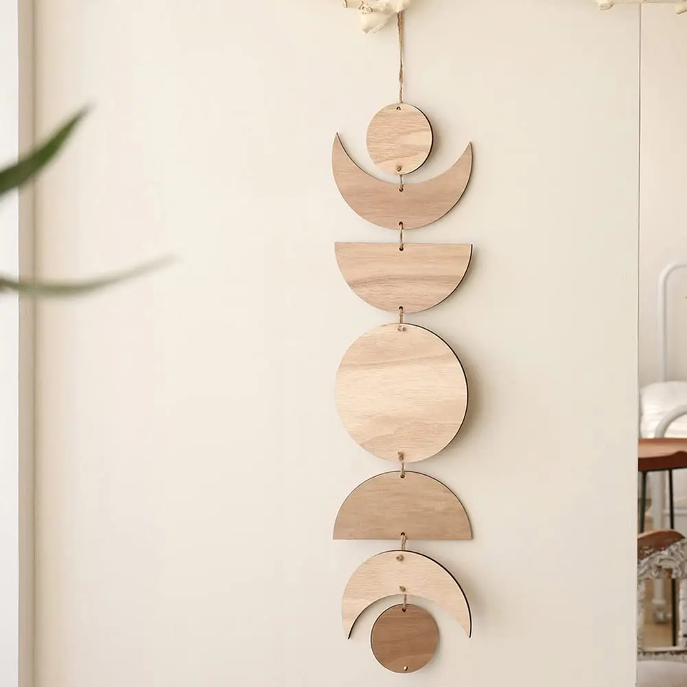 Moon Cycle Wall Art Decorative Moon Sun Phase Sign Ornaments Boho Wooden Wall Hanging Bohemian Decor for Bedroom Living Room