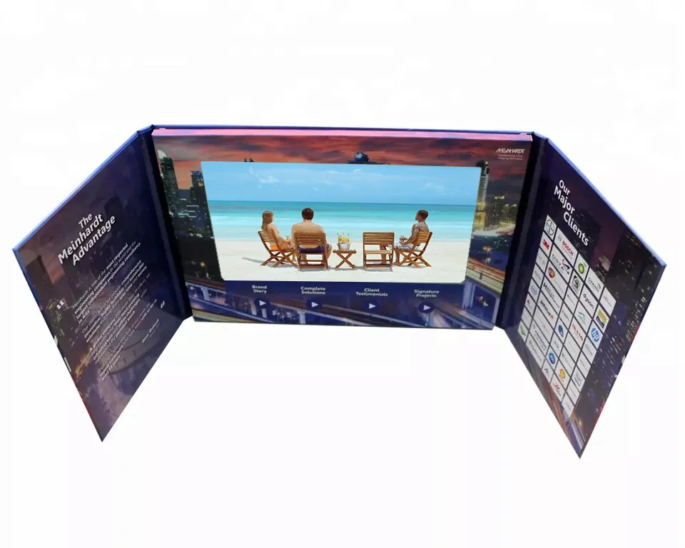 Tri fold video brochure 7 inch screen 1500mAh custom video book with lcd screen