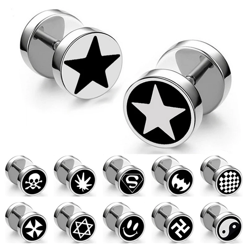 Hip Hop Style Silver Plated Stainless Steel Round Skull Cross Hexagram Smile Face Mens Punk Barbell Stud Earring For Male