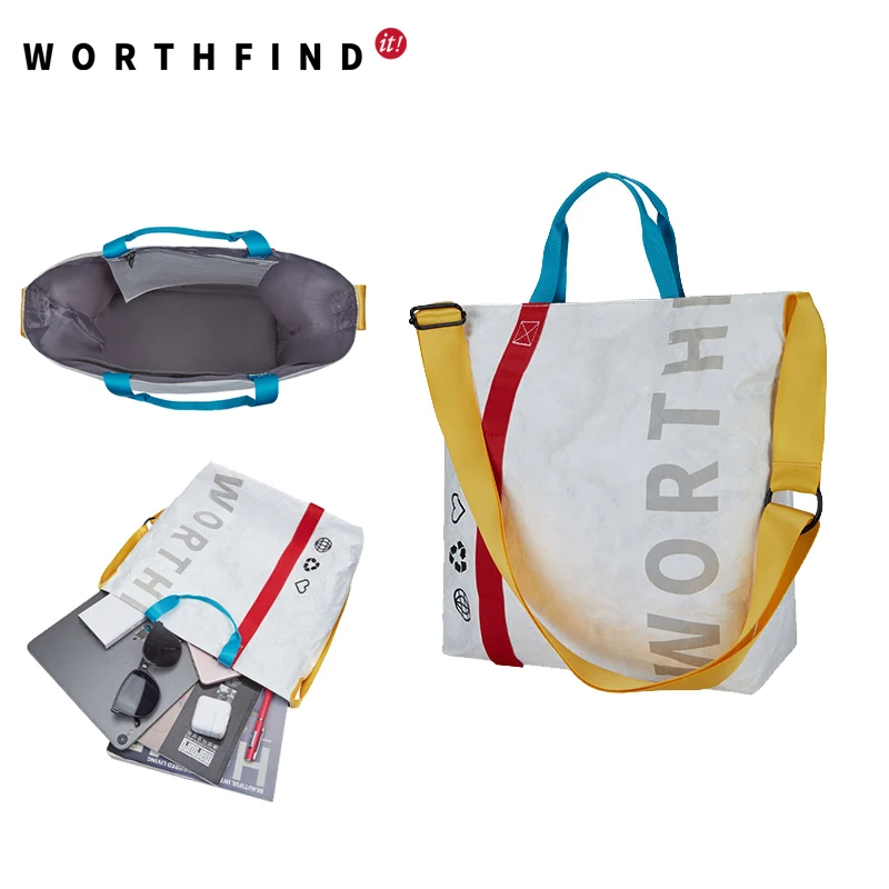 Worthfind Custom Oem Large Dupond Tyvek Tote Bag Zipper Shopping Shoulder Bag Waterproof Washable Dupont Paper Tote Bag