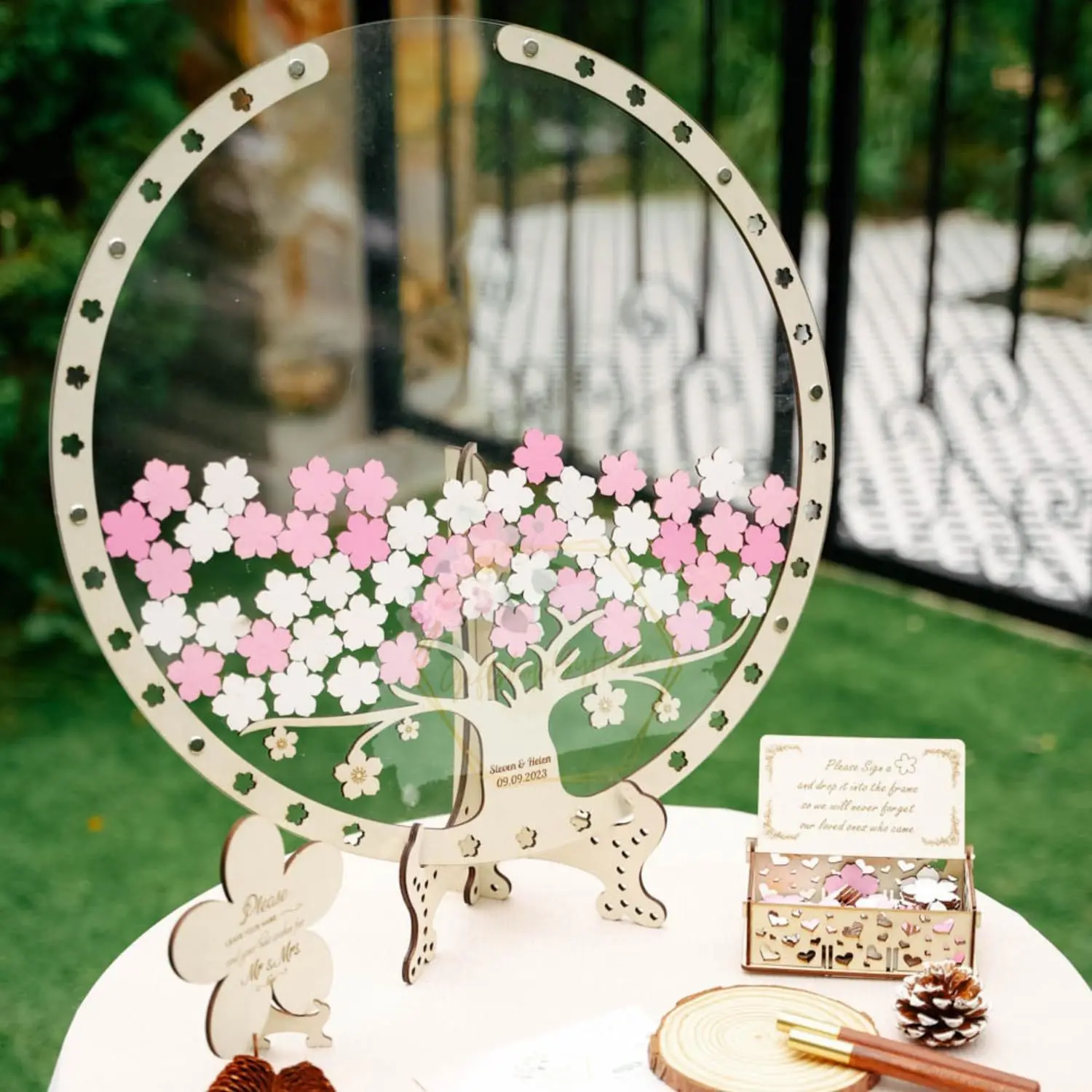Cherry flower shape souvenir gifts Wooden Wedding Guest Book frame storage box Signature book for wedding