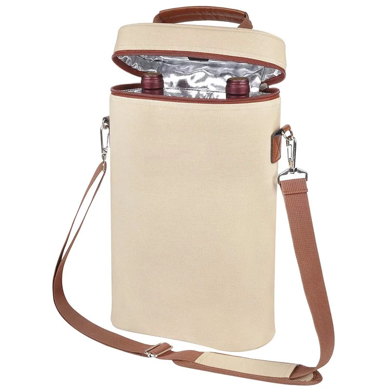 2 Bottle Wine Tote Carrier Leakproof Insulated Padded Versatile Canvas Cooler Bag for Travel  Picnic Travel Wine Cooler Bag