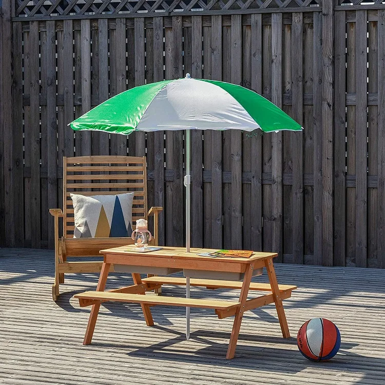 Outdoor Wood Picnic Table And Bench Set With Umbrella and sandbox Kids Backyard Furniture Gift For Ages