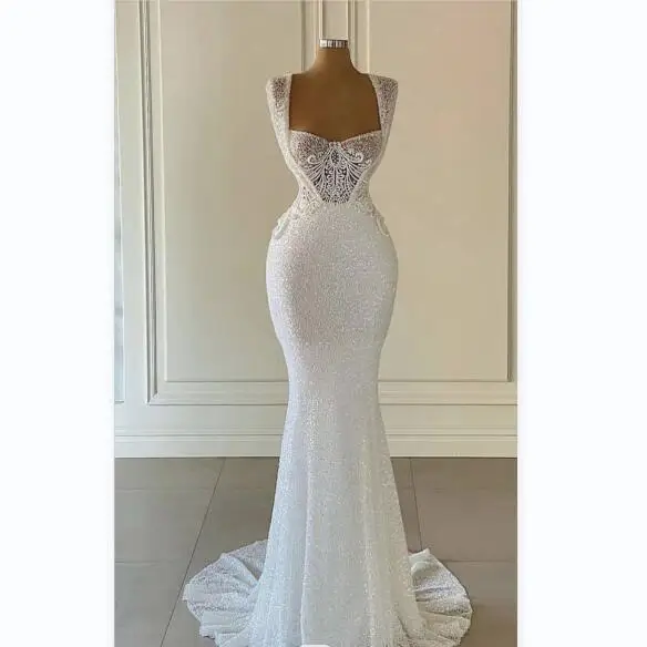 Vintage Appliqued Lace Beaded Cap sleeve  Mermaid Bridal Dresses white shinny Cheap Wedding Gowns MW70