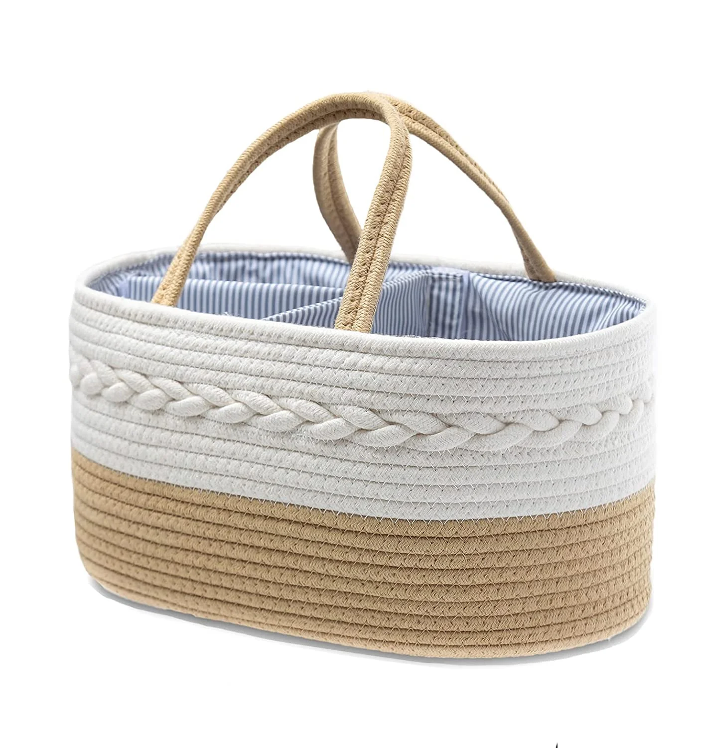 Baby Diaper Caddy Organizer, Rope Woven Nursery Storage Basket with Adjustable Divider, Portable Car Travel Diapers Organizer,