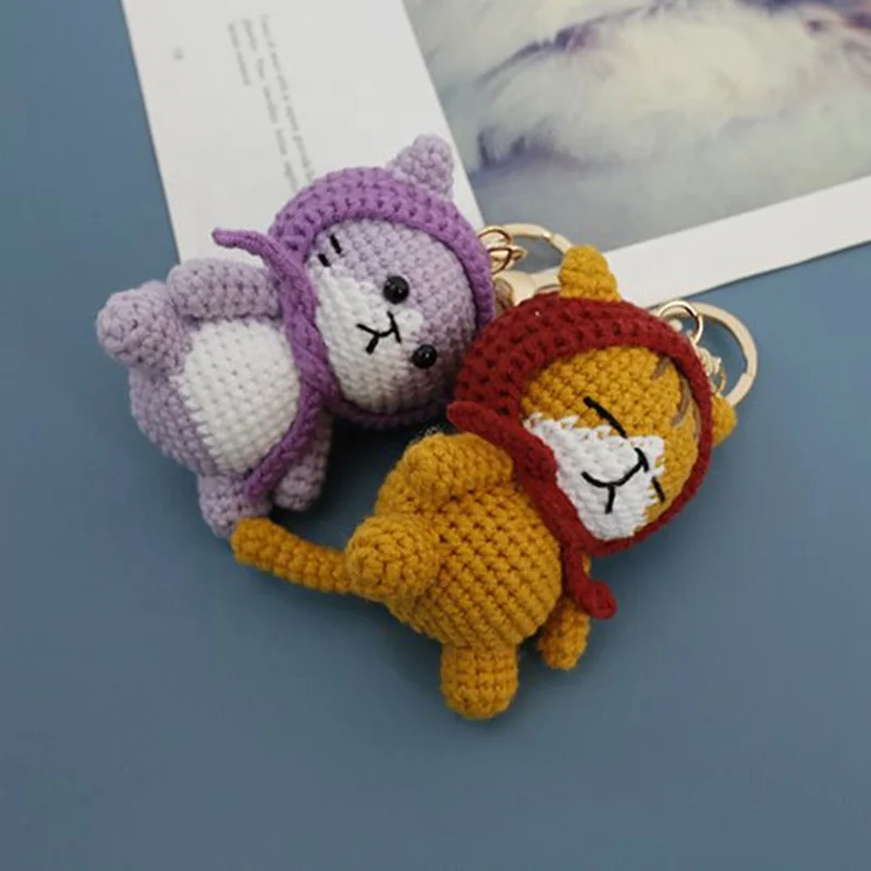Cartoon Cat Dog Handmade Woven Knitting Yarn Keychain Wool Thread Hook Weaving Crochet Doll Decoration Creative Gifts