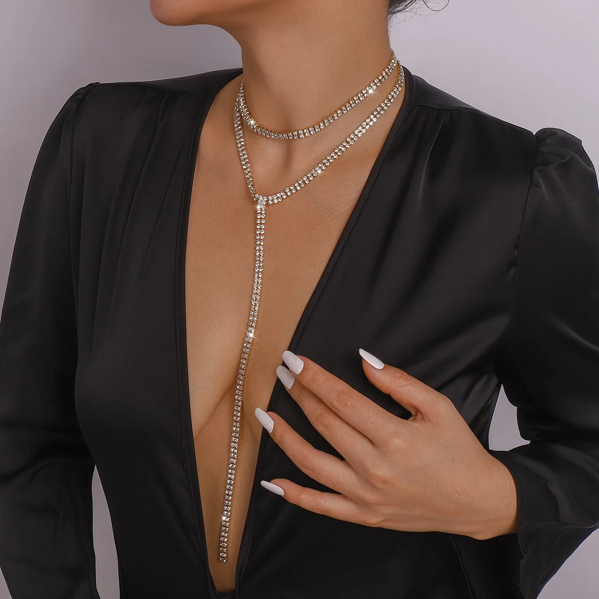 Night Party Women Double Layered Long Diamond Rhinestones Lariat Choker Collar Chain Necklace Jewelry