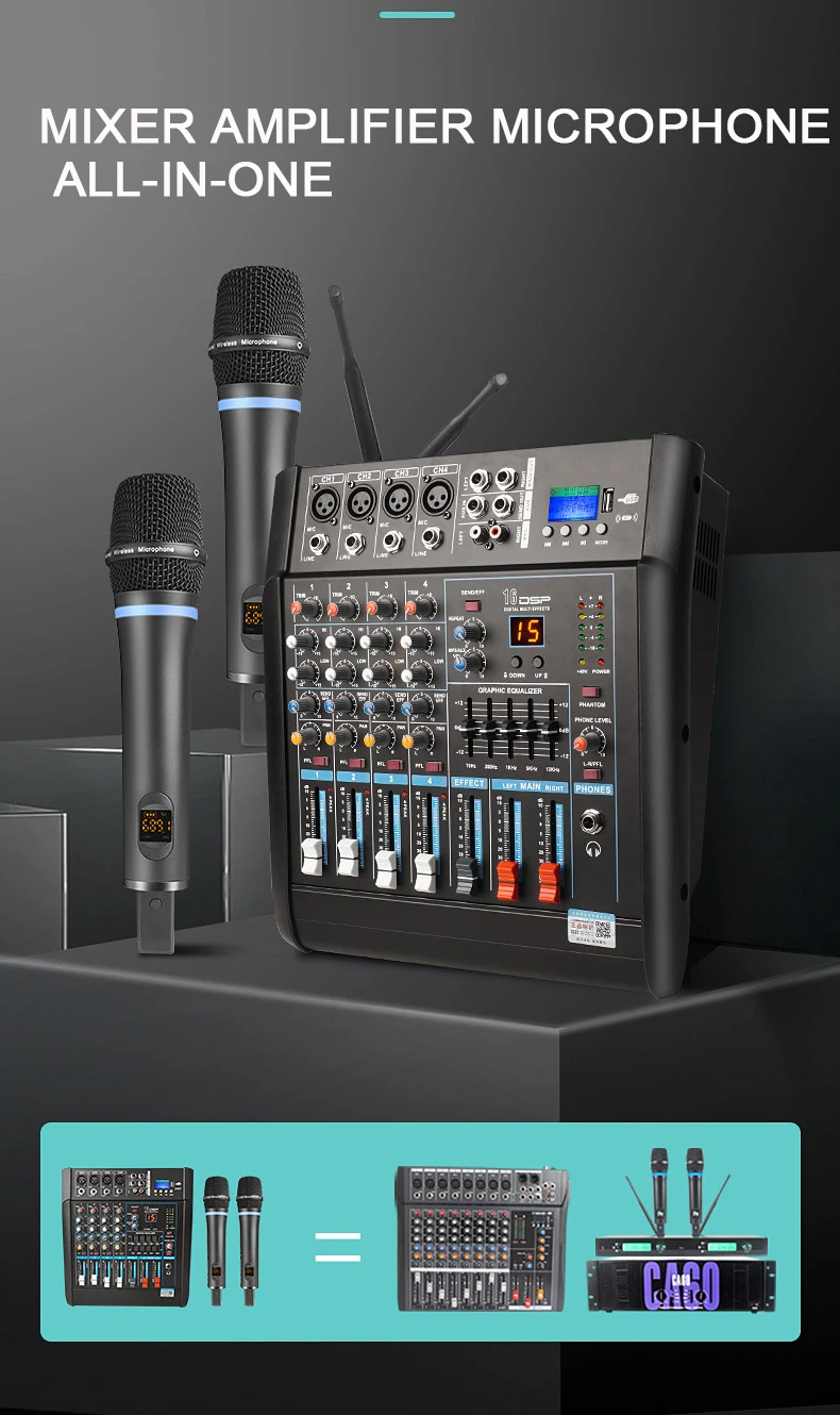 XTUGA LS04 Professional 250W Audio Power Amplifier With Rechargeable 2 Wireless Microphones 6 Channel powered audio mixer