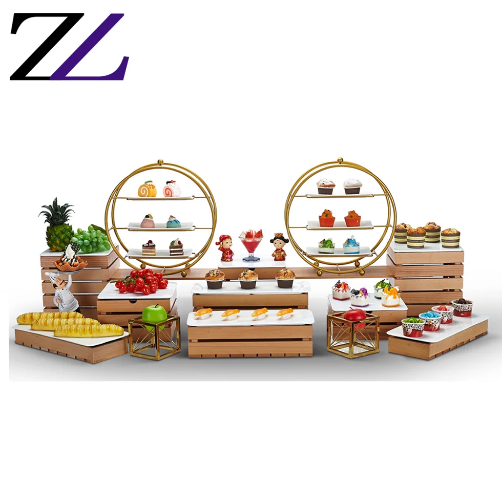 Natural wooden commercial supplies rectangle 3 tier golden round food cake display wooden buffet setup raiser