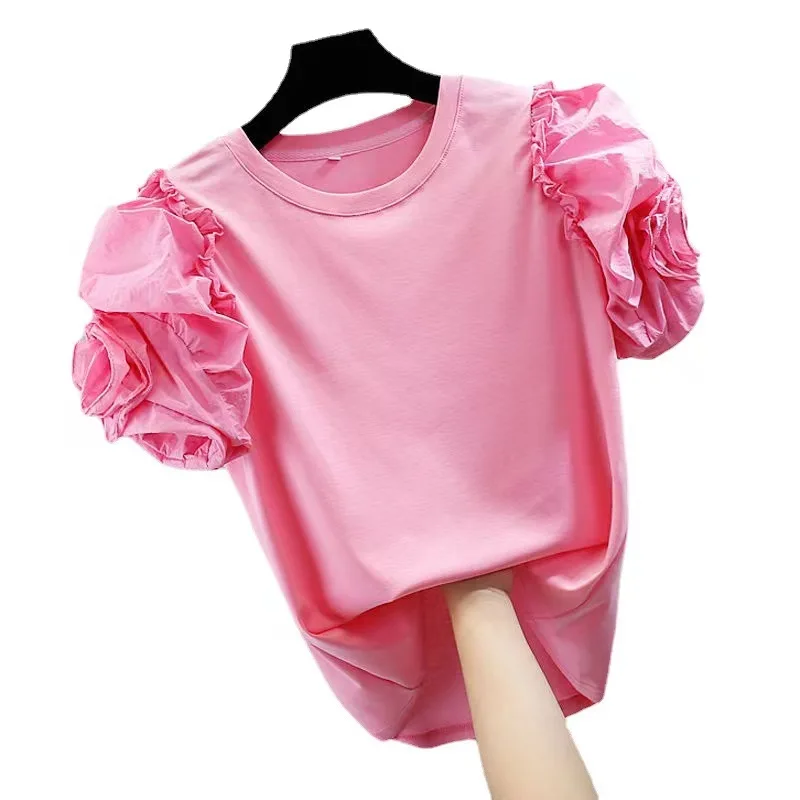 2023 Fashion three-dimensional flower bubble sleeve wooden ear stitching short-sleeved T-shirt niche design casual temperament