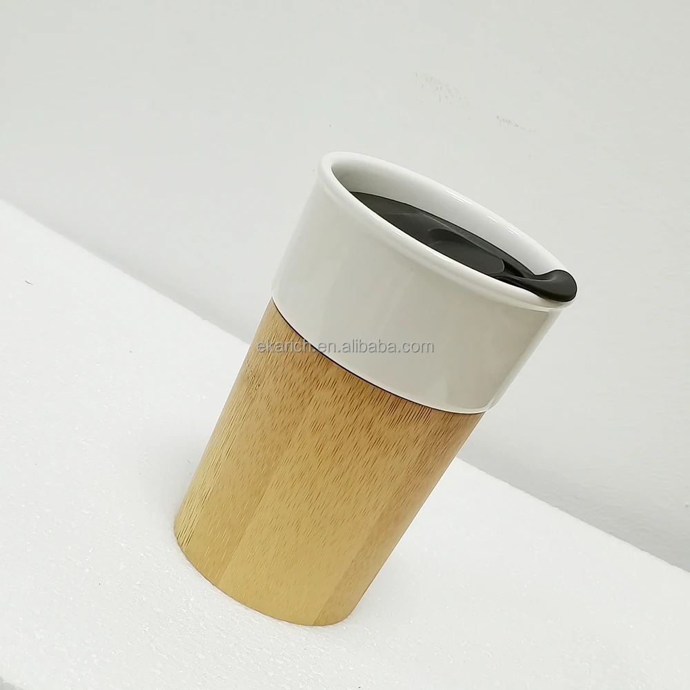 Natural Ecofriendly ceramic cup with bamboo base American Style Bamboo Coffee Tumbler Novelty Mug with Bamboo Sleeve and Lid