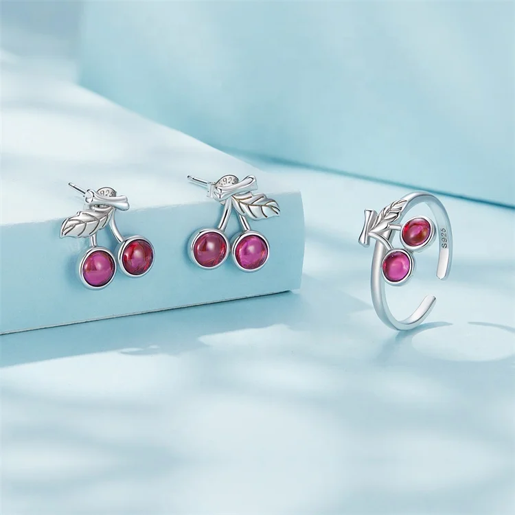 Hot sales new cherry fine crystal girls jewelry set kids luxury zircon high quality 925 silver wholesale cute ruby jewelry sets