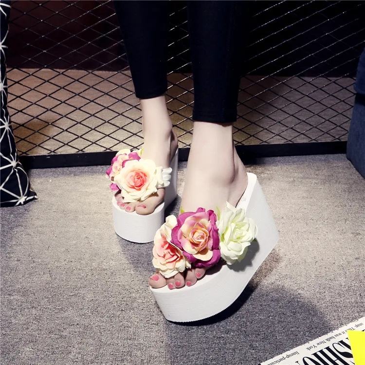 hot sale Women flower slippers beautiful flat high heel slipper summer sandals for ladies