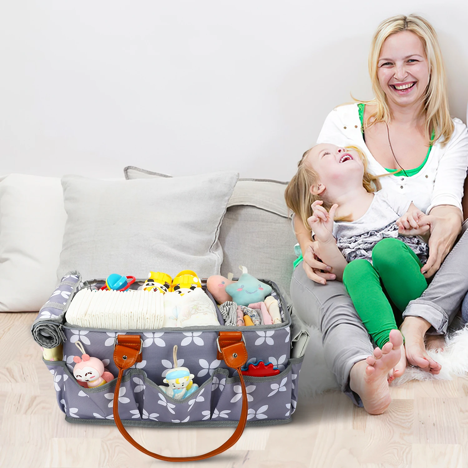 Custom Printing Portable Tote Diaper Organizer Manufacturer Designer Diaper Bags For Babies With PU Leather Handle