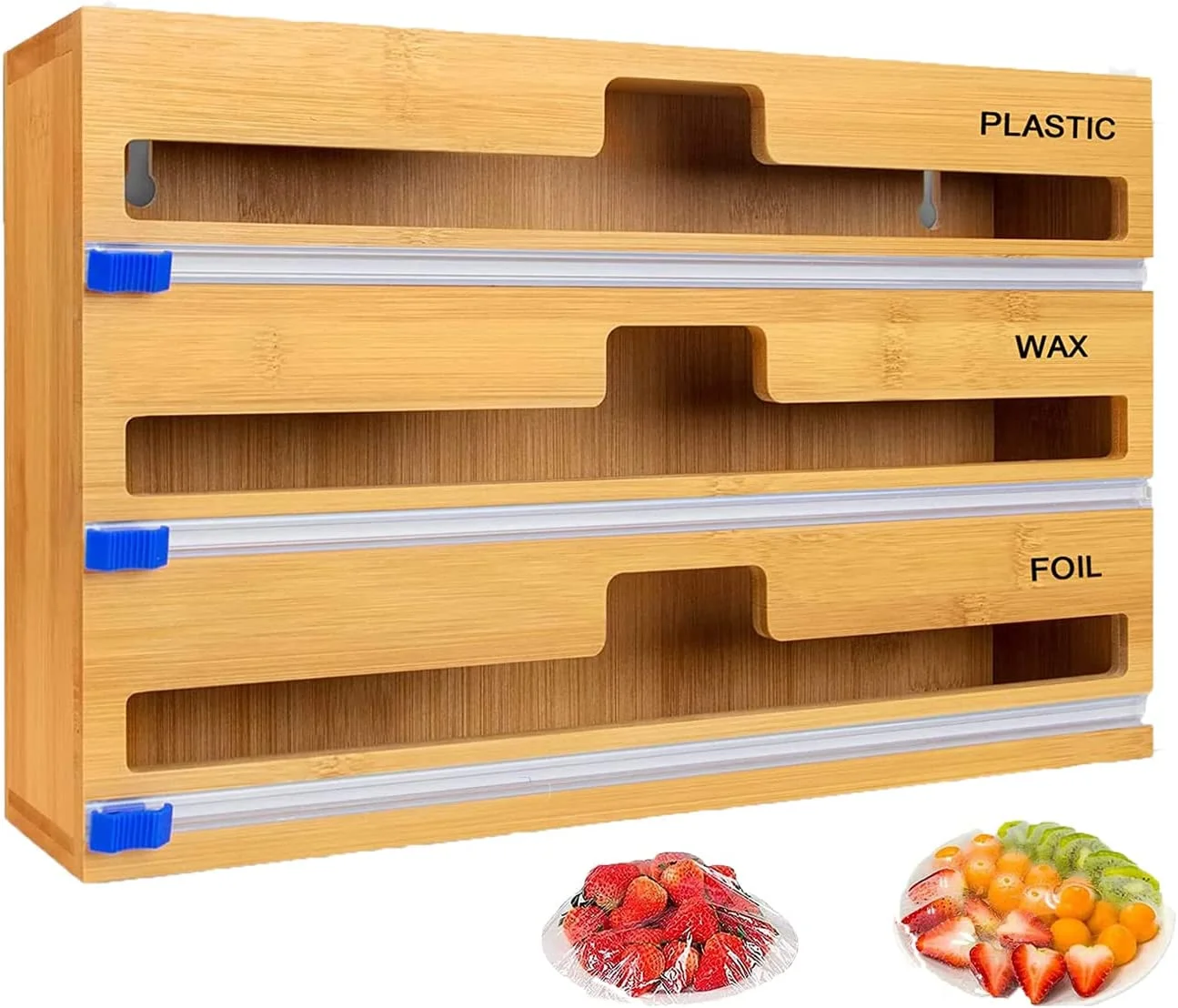2022 Kitchen Usage Bamboo Wrap Holder Dispenser with Cutter Plastic Wrap, Aluminum Foi Roll Organization Storage Holder