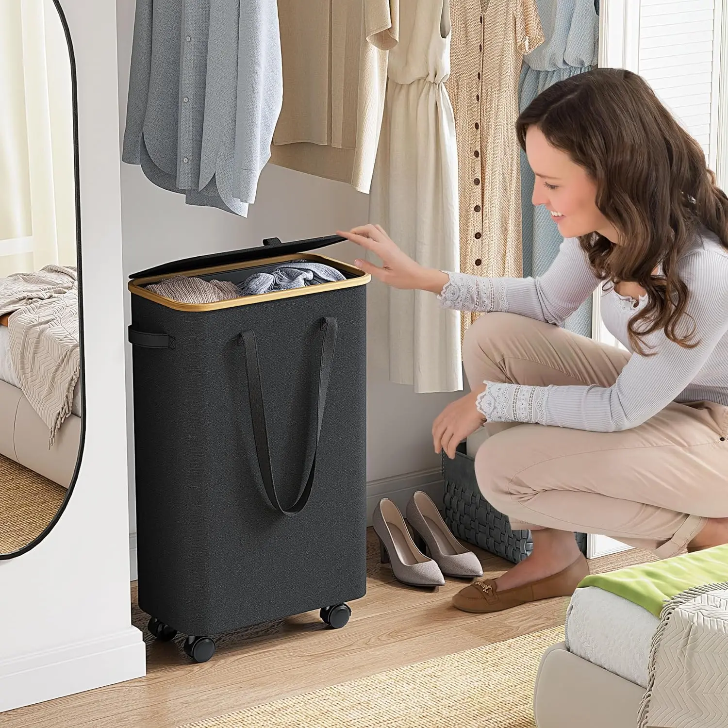 Black Bamboo Laundry Hamper for Clothes and Toys Large Capacity Laundry Hamper with Wheels Bamboo Laundry Basket